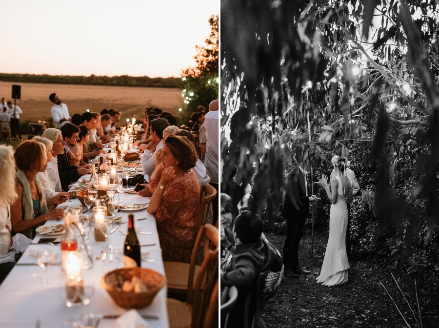 réception dîner mariage extérieur soleil couchant arbres